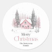 Pink Winter Hütte Weihnachten Runder Aufkleber (Vorderseite)