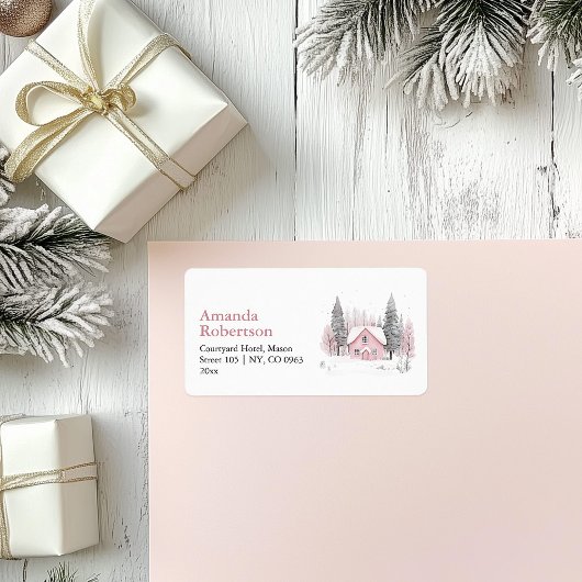 Pink Winter Hütte Weihnachtsanschrift Adressaufkleber