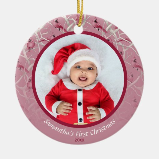 Pink Winter Kardinal Baby Personalisiertes Foto Keramik Ornament (Vorne)