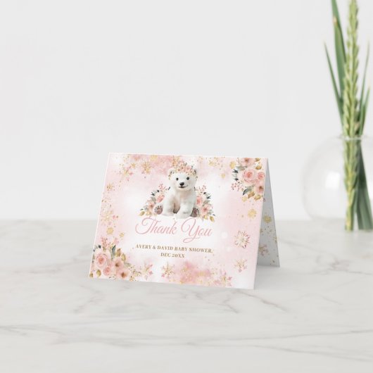 Pink Winter Niedlich Bär The Girl Baby Dusche Dankeskarte (Vorderseite)