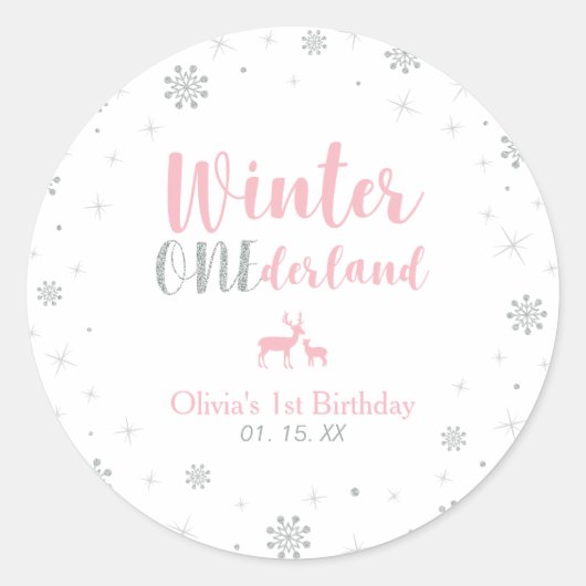 Pink Winter Onderland 1. Geburtstag Gastgeschenk Runder Aufkleber (Vorderseite)