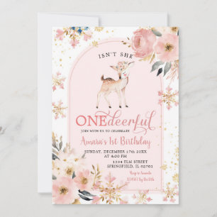 Pink Winter Onedeerful Snowflake Floral Geburtstag Einladung