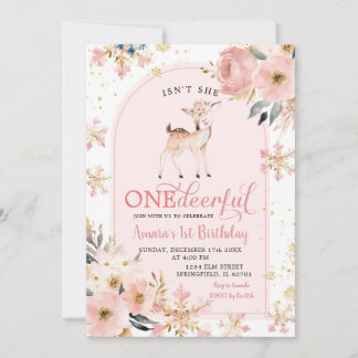 Pink Winter Onedeerful Snowflake Floral Geburtstag Einladung