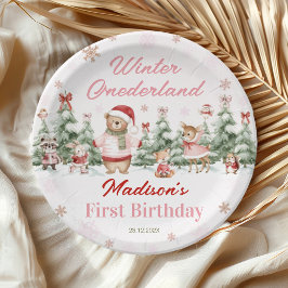 Pink Winter Onederland Forest Girl Birthday Pappteller