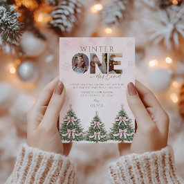 Pink Winter Onederland Girl 1st Birthday Photo Dankeskarte