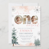 Pink Winter Onederland Girl Bday Photo Invitation Einladung (Vorderseite)