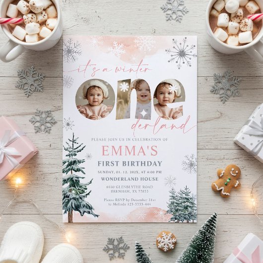 Pink Winter Onederland Girl Bday Photo Invitation Einladung