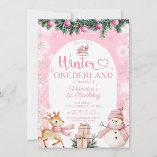 Pink Winter Onederland Girl Birthday Snowflakes Einladung