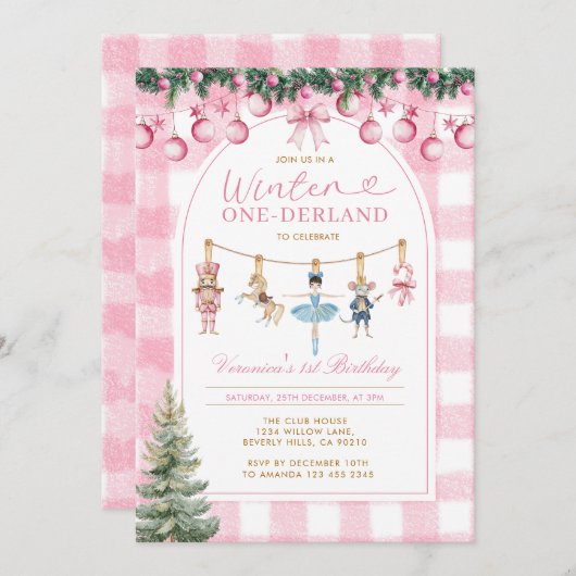 Pink Winter Onederland Girl Nutcracker Birthday  Einladung (Vorne/Hinten)