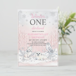 Pink Winter Onederland Silver Glitter 1st Birthday Einladung