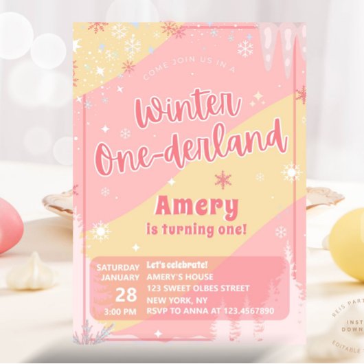 Pink Winter Onederland Silver Glitter 1st Birthday Einladung