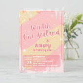 Pink Winter Onederland Silver Glitter 1st Birthday Einladung (Stehend Vorderseite)