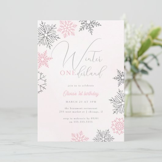 Pink Winter Onederland Silver Glitzer 1. Geburtsta Einladung (Stehend Vorderseite)