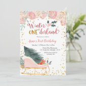 Pink Winter Onederland Sleigh Einladung zum Geburt (Stehend Vorderseite)