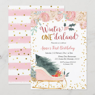 Pink Winter Onederland Sleigh Einladung zum Geburt