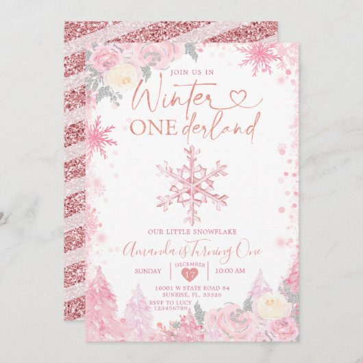 Pink Winter Onederland Snowflake 1. Geburtstag Einladung (Vorne/Hinten)
