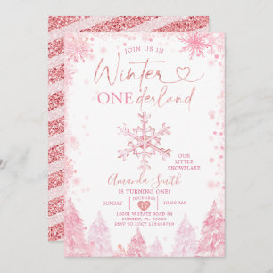 Pink Winter Onederland Snowflake 1. Geburtstag Einladung