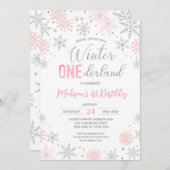 Pink Winter Onederland Snowflakes erste Geburtstag Einladung (Vorne/Hinten)