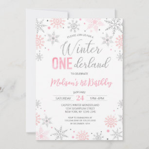 Pink Winter Onederland Snowflakes erste Geburtstag Einladung