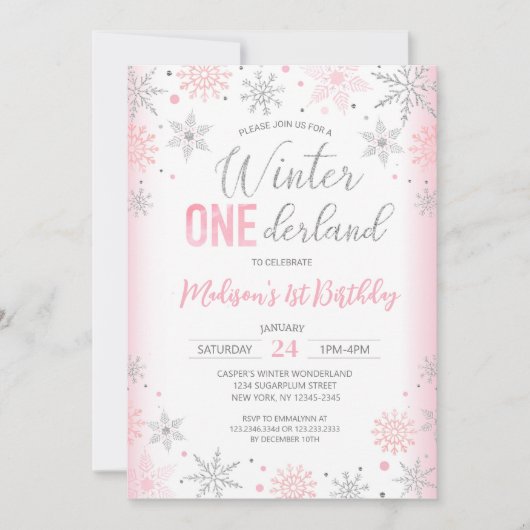 Pink Winter Onederland Snowflakes erste Geburtstag Einladung (Vorderseite)