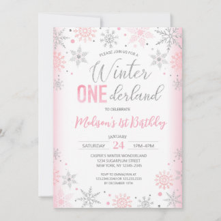 Pink Winter Onederland Snowflakes erste Geburtstag Einladung