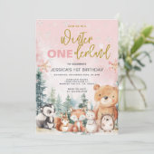 Pink Winter Onederland Woodland 1. Geburtstag Einladung (Stehend Vorderseite)