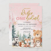 Pink Winter Onederland Woodland 1. Geburtstag Einladung (Vorne/Hinten)