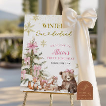 Pink winter onederland woodland welcome sign
