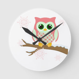 Pink winter owl runde wanduhr