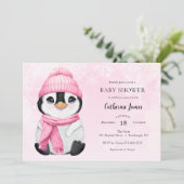 Pink Winter Pinguin Baby Dusche Einladung (Stehend Vorderseite)