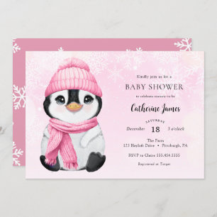 Pink Winter Pinguin Baby Dusche Einladung
