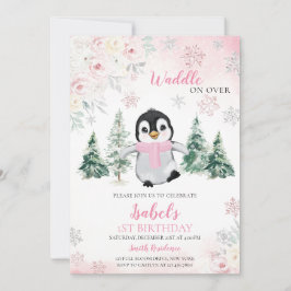 Pink Winter Pinguin Geburtstagsparty Einladung
