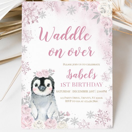 Pink Winter Pinguin Geburtstagsparty Einladung