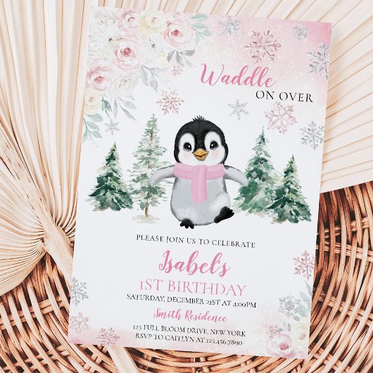 Pink Winter Pinguin Geburtstagsparty Einladung