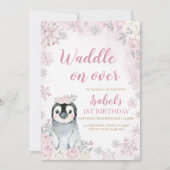Pink Winter Pinguin Geburtstagsparty Einladung (Vorderseite)