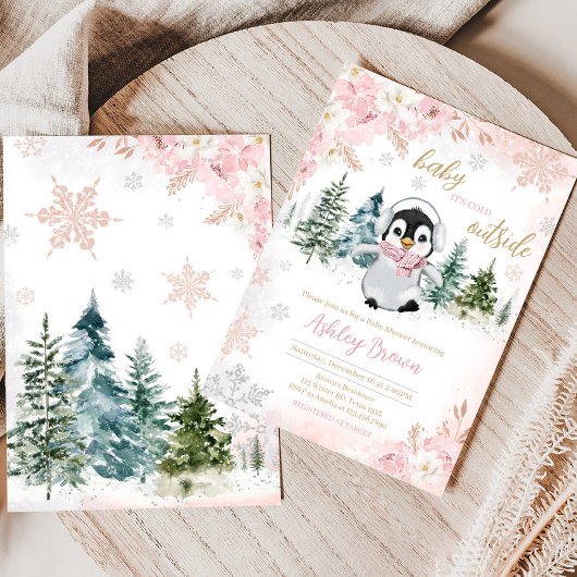 Pink Winter Pinguin Kinderdusche Einladung