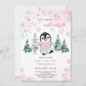 Pink Winter Pinguin Kinderdusche Einladung (Vorderseite)