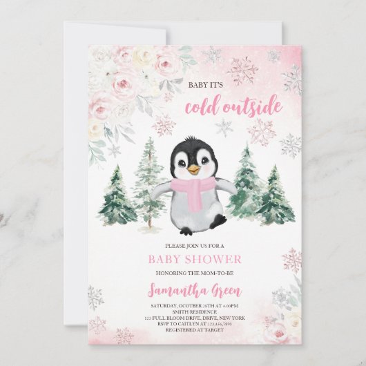 Pink Winter Pinguin Kinderdusche Einladung (Vorderseite)