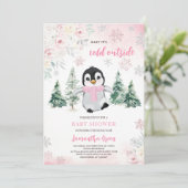 Pink Winter Pinguin Kinderdusche Einladung (Stehend Vorderseite)