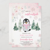Pink Winter Pinguin Kinderdusche Einladung (Vorne/Hinten)