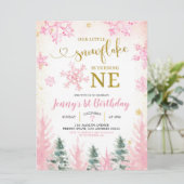Pink Winter Snowflake Erster Geburtstag Einladung (Stehend Vorderseite)
