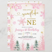 Pink Winter Snowflake Erster Geburtstag Einladung (Vorne/Hinten)