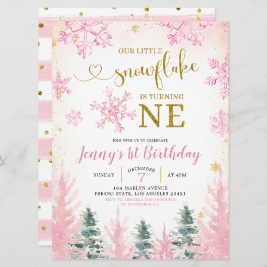 Pink Winter Snowflake Erster Geburtstag Einladung (Vorne/Hinten)