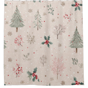 Pink Winter - Stechpalmenblätter, Kiefernbaum, Sch Duschvorhang