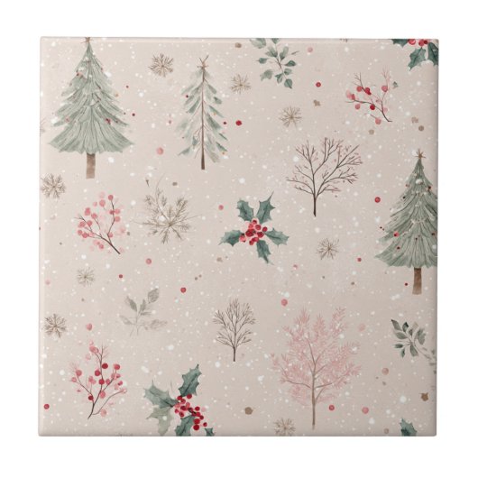 Pink Winter - Stechpalmenblätter, Kiefernbaum, Sch Fliese (Vorderseite)