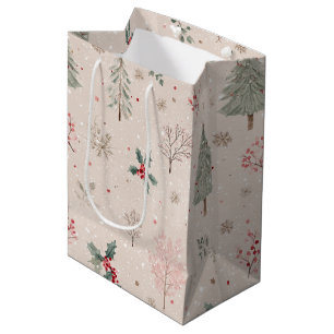 Pink Winter - Stechpalmenblätter, Kiefernbaum, Sch Mittlere Geschenktüte