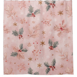 Pink Winter - Stechpalmenblätter und Schneeflocken Duschvorhang