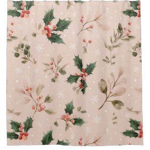Pink Winter - Stechpalmenblätter und Schneeflocken Duschvorhang