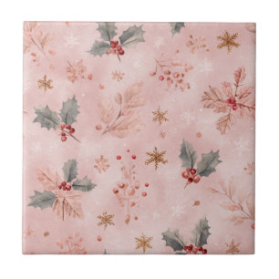 Pink Winter - Stechpalmenblätter und Schneeflocken Fliese