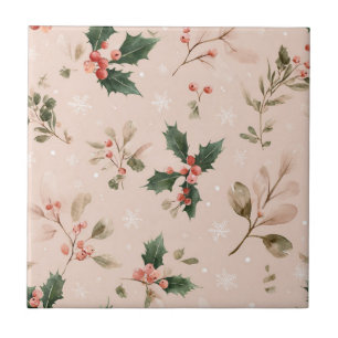 Pink Winter - Stechpalmenblätter und Schneeflocken Fliese